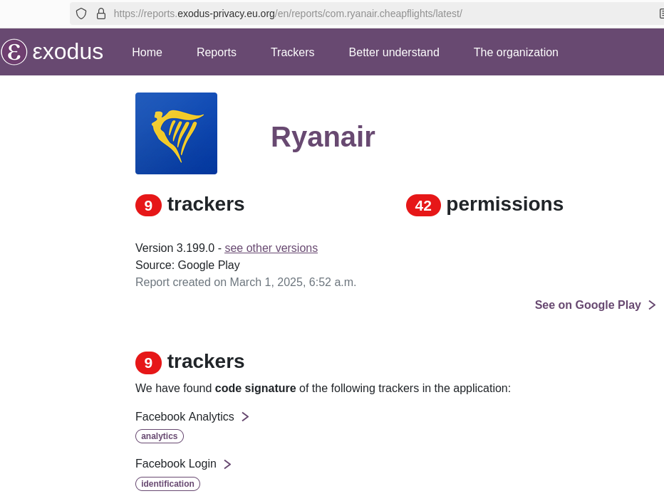 Trackers in Ryanair app